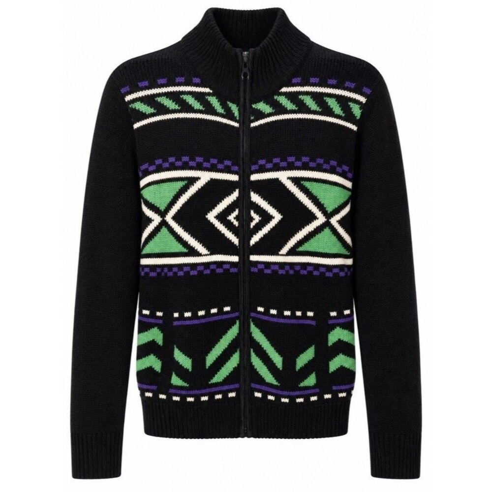 L-RL Lauren Ralph Lauren Active Sweater Lambswool Zip Front Pockets Aztec Sz. L